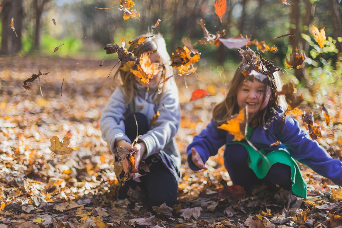 Kids playing in leaves