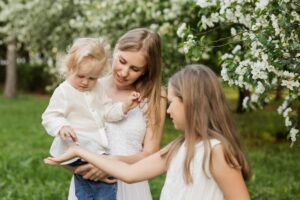 mother and children outside