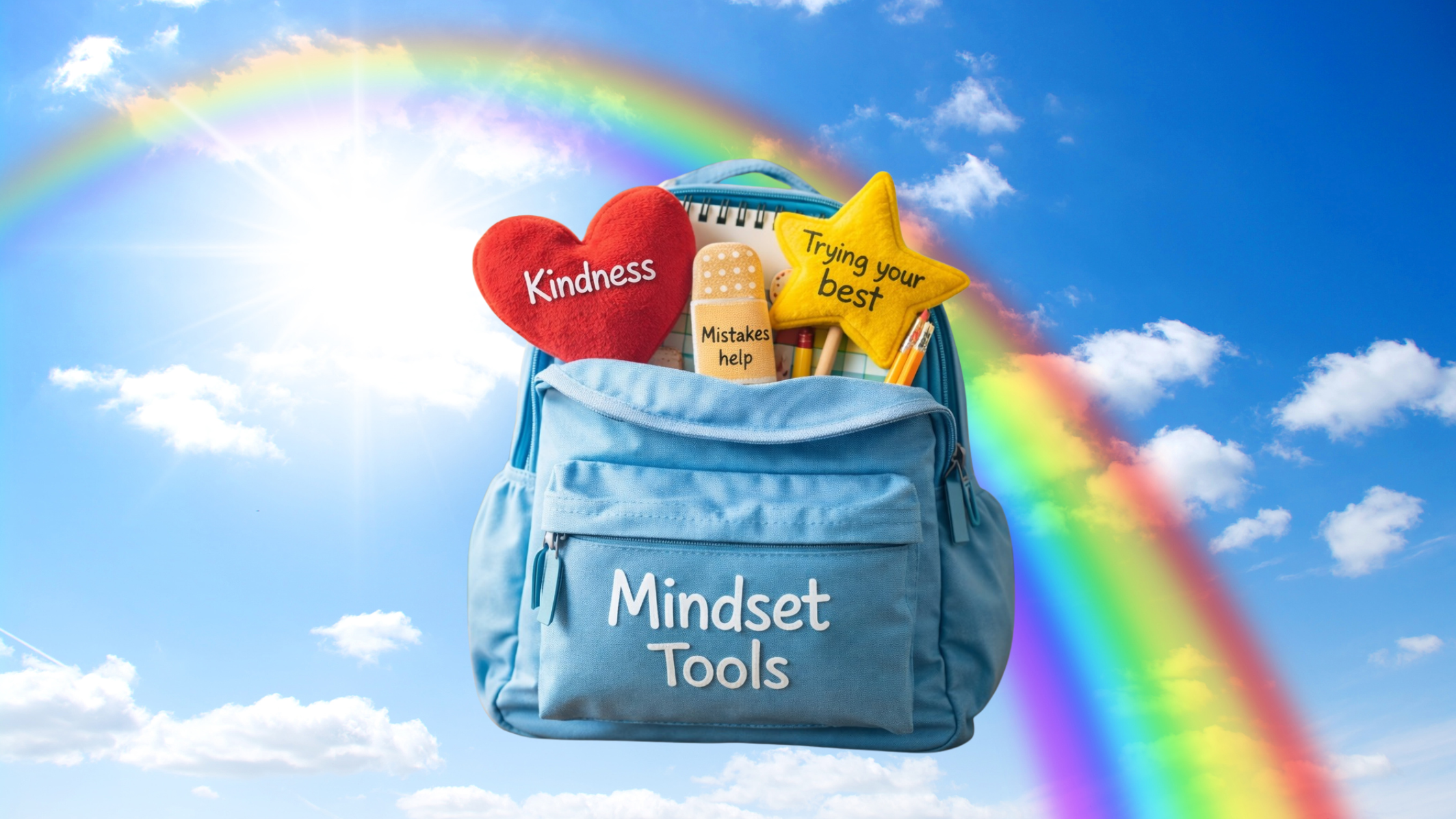 A backpack labeled ‘Mindset Tools’ containing symbolic items like a heart for kindness, a bandage representing learning from mistakes, and a star for trying your best.