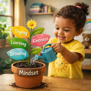 Smiling toddler watering a plant labeled ‘Mindset’ with leaves that say trying, learning, kindness, and growing.