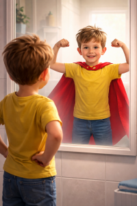 Positive self-talk for kids shown through a parent praising a child at home