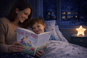 Mother reading a bedtime story to her child to support family relationships in early childhood