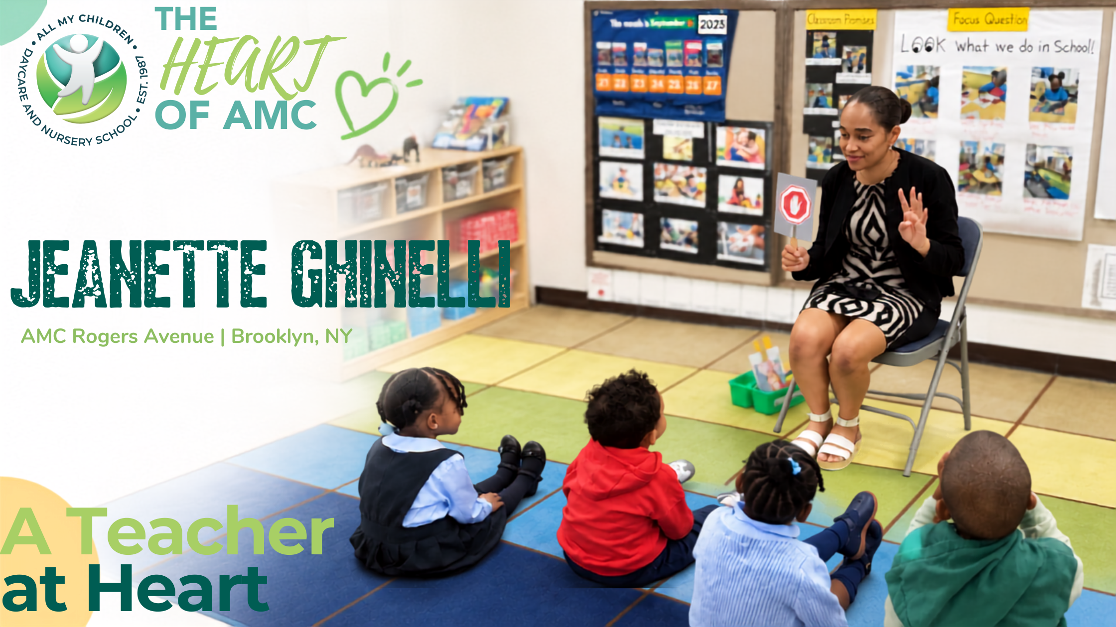 Jeanette Ghinelli, 3K teacher at AMC Rogers Avenue in Brooklyn, teaching children in her classroom